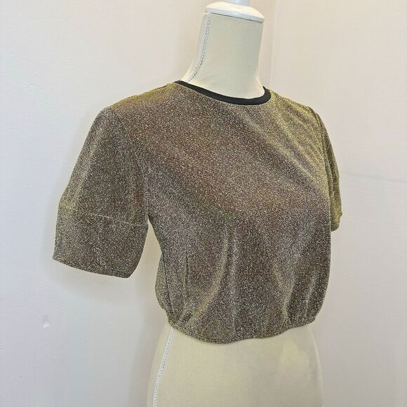 Tops - Forever 21 Gold Shimmer Puff Sleeve Crop Top Dress Shirt Size S Sparkle Glam